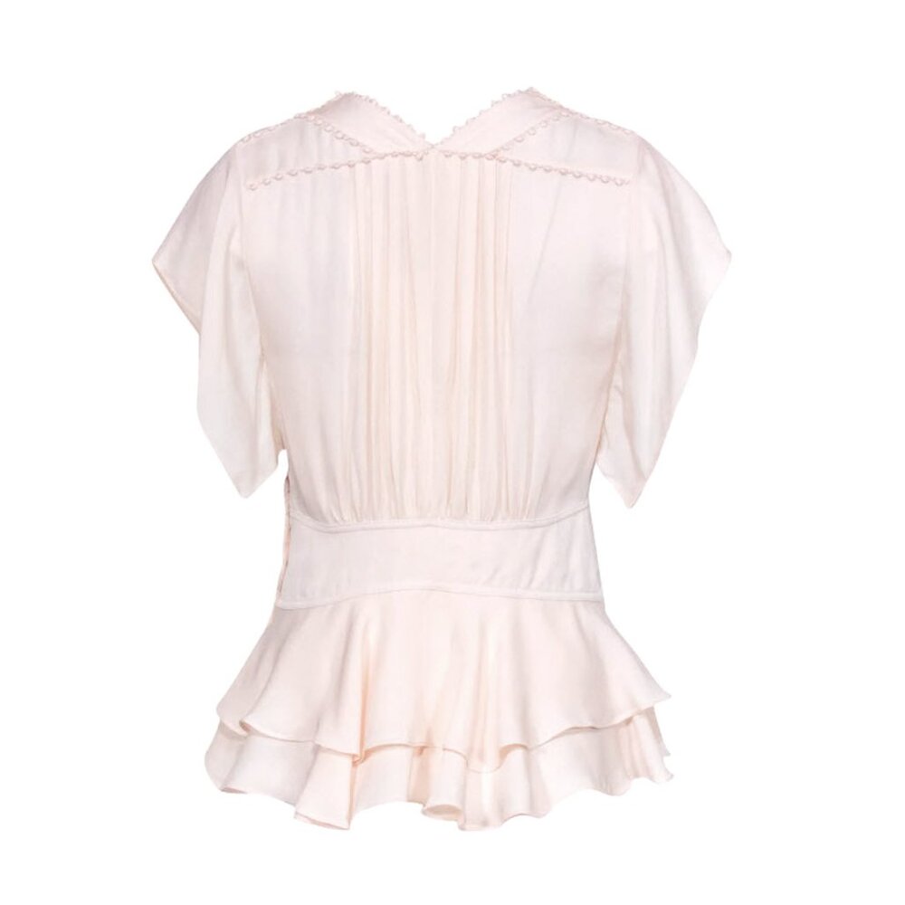 Rebecca Taylor - Pale Pink Short Sleeve Ruffled Silk Blouse w Embroidered Trim - Picture 2 of 13